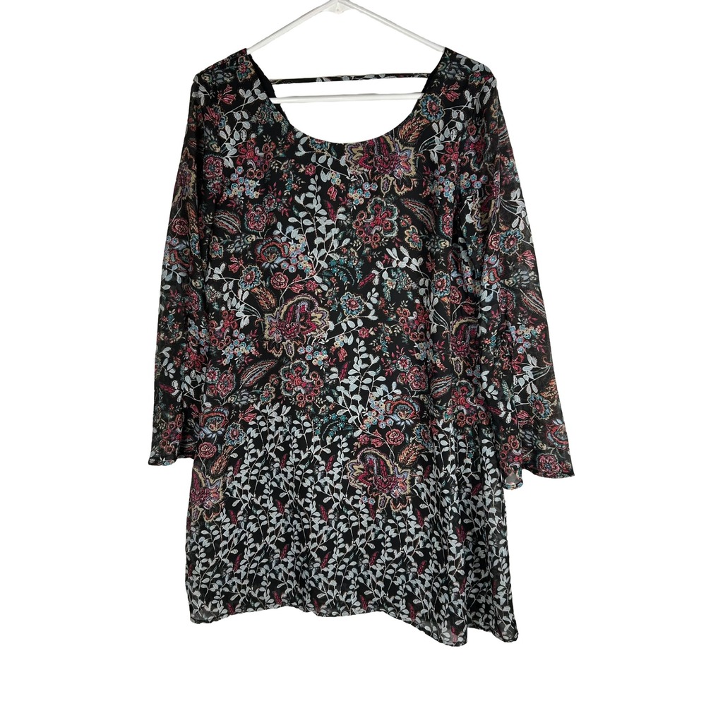 Speechless‎ Womens Large Black Paisley Floral Tie Cuff V-Back Tunic Top